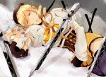  artist_request blonde_hair corset detached_sleeves drill_hair fingerless_gloves gun lying mahou_shoujo_madoka_magica midriff open_mouth rifle skirt snow solo thigh_highs tomoe_mami weapon yellow_eyes 