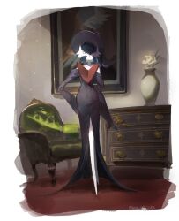  1girl alternate_color artist_name black_dress blue_hair bob_cut chair colored_skin commentary_request dress gardevoir hakumogera hand_on_own_hip hat highres looking_at_viewer mega_gardevoir mega_pokemon orange_eyes pokemon pokemon_(creature) portrait_(object) shiny_pokemon signature vase white_skin 