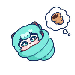  1girl :3 blush_stickers chibi chibi_only chocolate_cornet closed_mouth food full_body green_eyes green_hair hatsune_miku highres long_hair looking_at_viewer simple_background solo speech_bubble spoken_food thought_bubble v-shaped_eyebrows very_long_hair vocaloid white_background wrapped_in_hair yananang 