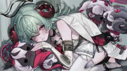  1girl absurdres animal_ears bare_shoulders black_choker blush choker collared_jacket commentary curled_horns curly_eyebrows dress elbow_gloves fingerless_gloves gloves goat_ears goat_girl goat_horns green_background green_hair hair_between_eyes halo headpiece highres horns iroi_(nte) jacket long_hair looking_at_viewer lying neverness_to_everness on_side open_clothes open_jacket pink_eyes rereet_t shade shy soles solo thigh-highs toes white_dress white_gloves white_jacket white_thighhighs 