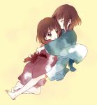  barefoot brown_eyes brown_hair child closed_eyes eyes_closed feet hug japanese_clothes kimono multiple_girls namori original short_hair siblings soles toes twins 