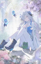  1girl aaofn22 absurdres black_boots black_feathers blue_dress blue_eyes blue_flower blue_hair blunt_bangs blush boots breasts cherry_blossoms chinese_commentary cleavage_cutout clothing_cutout commentary_request convenient_censoring dress familiar feathers flat_chest floating floating_hair flower full_body gomidasu_(kamitsubaki_studio) gradient_clothes gradient_dress grey_eyes grey_hair hair_extensions hair_flower hair_ornament hair_over_one_eye hand_on_own_chest highres isekaijoucho kamitsubaki_studio long_hair long_sleeves looking_at_viewer looking_to_the_side o-ring pantyhose parted_lips petite pink_flower pink_rose puffy_sleeves rose shrug_(clothing) sidelocks sitting smile virtual_youtuber wavy_hair white_dress white_flower white_hair white_pantyhose 
