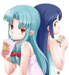  back-to-back bare_shoulders blue_hair box camisole drinking hair_bobbles hair_ornament hairband juice_box kiriha_(tsugumomo) kukuri_(tsugumomo) lipton long_hair multiple_girls nagian purple_hair red_eyes sipping straw tsugumomo yellow_eyes 