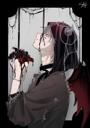 1boy alien_stage black_blood black_veil blood colored_blood commentary demon_boy demon_horns demon_wings from_side green_eyes grey_sweater half-closed_eyes heart_(organ) highres holding holding_heart_(organ) horns looking_up male_focus mojong_sap official_alternate_costume red_wings scar scar_on_neck short_hair signature solo sweater till_(alien_stage) untranslatable_commentary veil wings 
