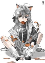  1girl absurdres ahoge animal_ears apron armband bandaid bandaid_on_knee bandaid_on_leg bandaid_on_thigh between_legs black_scrunchie black_shoes bow braid calico_(pattern) candy cat_ears cat_girl cat_hair_ornament cat_tail dot_nose double-parted_bangs double_vertical_stripe fingernails food food-themed_hair_ornament frilled_apron frills full_body grey_eyes grey_hair grey_jacket hair_between_eyes hair_bow hair_intakes hair_ornament hair_spread_out hairclip hand_between_own_legs hand_on_ground heart heart_print highres holding holding_candy holding_food holding_lollipop jacket jersey_maid jewelry leaning_forward leg_warmers lollipop long_hair long_sidelocks long_sleeves looking_down maid maid_apron necktie orange_armband original paper_in_mouth pizza_hair_ornament ribbon ring scrunchie shaded_face shoes side_braid sidelocks simple_background single_braid sitting solo spread_legs straight-on sweatdrop tail tail_ornament tail_ribbon track_jacket unconventional_maid v-shaped_eyebrows very_long_hair waist_apron wazawai_(isotwen) white_background white_leg_warmers white_necktie wrist_scrunchie zipper_pull_tab 