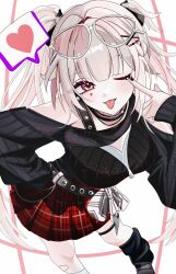  1girl :p ;p akanbe alternate_breast_size_(larger) bandaid bandaid_on_leg bare_shoulders belt black_belt black_leg_warmers blush braid breasts commentary_request double-parted_bangs eyelid_pull eyewear_on_head facial_mark foot_out_of_frame from_above heart heart_facial_mark highres honkai:_star_rail honkai_(series) large_breasts leg_warmers long_sleeves looking_at_viewer miniskirt multicolored_hair official_alternate_costume official_alternate_hairstyle one_eye_closed pink_eyes red_skirt simple_background skirt solo sparkle_(honkai:_star_rail) sparxie_(candy-coated_waves)_(honkai:_star_rail) sparxie_(honkai:_star_rail) speech_bubble spoken_heart standing sunglasses thigh_strap tongue tongue_out twintails two-tone_hair unimaru_sann 