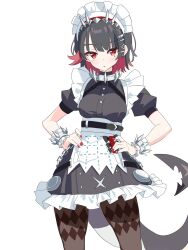  1girl apron black_dress black_hair black_pantyhose closed_eyes dress ellen_joe fins fish_tail hair_ornament hands_on_own_hips highres maid maid_apron maid_headdress mole mole_under_eye multicolored_hair nail_polish pantyhose red_eyes red_hair red_nails shark_girl shark_tail short_hair solo tail two-tone_hair white_apron white_headdress white_wrist_cuffs wrist_cuffs x_hair_ornament yokoshima_akunusu zenless_zone_zero 