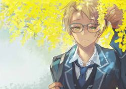  1boy arm_up bag black_vest blazer blonde_hair blue-framed_eyewear blue_jacket blue_necktie closed_mouth collared_shirt commentary_request day ensemble_stars! flower gin_(oyoyo) glasses green_eyes hand_up holding holding_strap jacket lapels light_smile long_sleeves looking_at_viewer loose_necktie male_focus necktie notched_lapels open_clothes open_collar open_jacket outdoors school_uniform shirt short_hair shoulder_bag side_part solo straight-on sunlight upper_body vest white_shirt wing_collar yellow_flower yumenosaki_school_uniform yuuki_makoto_(ensemble_stars!) 