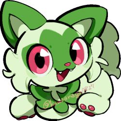  :3 animal_focus chibi chibi_only commentary_request fangs full_body kawaanago lowres no_humans open_mouth pink_eyes pokemon pokemon_(creature) pokemon_focus smile solo sprigatito transparent_background twitter_username 