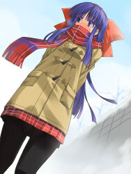  1girl arms_behind_back averting_eyes back_bow bare_tree black_hair black_pantyhose blue_eyes blunt_bangs blunt_ends blush bow brown_coat coat commentary_request contemporary duffel_coat dutch_angle hair_bow hairband highres kageyama_shinobi long_hair looking_to_the_side nakoruru pantyhose plaid_clothes plaid_scarf plaid_skirt pleated_skirt red_bow red_hairband red_scarf red_skirt samurai_spirits scarf scarf_over_mouth skirt snow solo sweatdrop tree winter 