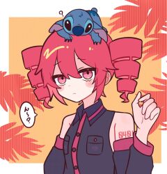  ? bare_shoulders black_eyes black_shirt black_sleeves blue_fur border breast_pocket buttons claws closed_mouth collared_shirt commentary_request creature_on_head detached_sleeves double-parted_bangs drill_hair hair_between_eyes hand_up highres kasane_teto kasane_teto_(utau) lilo_&amp;_stitch number_tattoo orange_background outside_border pocket red_eyes red_hair red_trim rirurima25 shirt shoulder_tattoo sidelocks sleeveless sleeveless_shirt speech_bubble split_mouth stitch_(lilo_&amp;_stitch) tattoo translation_request twin_drills upper_body utau white_border wing_collar 