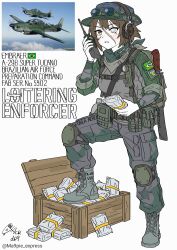  1girl ammunition_pouch backpack bag belt blackd09 boonie_hat boots breasts brown_hair camouflage camouflage_jacket camouflage_pants english_text explosive full_body green_jacket green_pants green_scarf hat headphones highres humanization jacket knee_pads medium_breasts open_mouth original pants personification pouch scar scar_across_eye scar_on_face scarf short_hair simple_background solo stepping_on_object talking walkie-talkie white_background yellow_eyes 