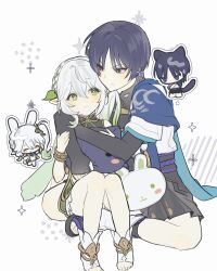  1boy 1girl absurdres animal_ears anklet asymmetrical_sidelocks belt black_belt black_bodysuit black_bow black_eyes black_hair black_sandals black_shorts black_tail bloomers blue_cape blue_kimono blue_sleeves blunt_ends blush bodysuit bow bracelet braid bright_pupils cape cat-shaped_pillow cat_boy cat_ears cat_tail chibi chibi_inset closed_mouth commentary_request couple cross-shaped_pupils crosshair diffraction_spikes dress eyelashes eyeliner full_body genshin_impact gold_anklet gold_bracelet green_cape green_eyes green_hair grey_pupils hair_ornament hakama hakama_shorts half_crown_braid hand_on_another's_arm hand_on_another's_shoulder hetero highres holding hug hug_from_side japanese_clothes jewelry juban kimono knees_together_feet_apart kocokooo korean_commentary layered_sleeves leaf leaf_hair_ornament leg_warmers long_hair looking_at_another makeup mandarin_collar multicolored_hair nahida_(genshin_impact) open_clothes open_kimono pleated_shorts pointy_ears purple_rope purple_sash rabbit-shaped_pillow rabbit_ears rabbit_girl rabbit_tail red_eyeliner rope sandals sash scaramouche_(genshin_impact) second-party_source short_dress short_sleeves shorts side_cape side_ponytail sidelocks sideways_glance sitting sitting_on_leg smile socks streaked_hair symbol-shaped_pupils tail tareme toeless_socks toenails tsurime wanderer_(genshin_impact) white_background white_bloomers white_dress white_hair white_kimono white_leg_warmers white_pupils white_sleeves white_socks white_tail white_trim wispy_bangs zouri 