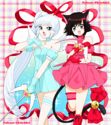  2girls aizawa_mint animal_ears bare_shoulders bell bell_bow black_hair blue_dress blue_eyes blue_gloves boots bow cat_ears cat_girl cat_tail clip_studio_paint_(medium) commentary cosplay detached_sleeves dress english_commentary eyelashes glint gloves grey_eyes heart highres holding holding_scythe holding_sword holding_weapon jingle_bell kemonomimi_mode long_hair magical_girl mew_ichigo mew_ichigo_(cosplay) mew_mint mew_mint_(cosplay) momomiya_ichigo multiple_girls open_mouth patreon_username pink_dress plaid_background ponytail puffy_short_sleeves puffy_sleeves rapier red_boots red_bow red_gloves red_ribbon ribbon ruby_rose rwby scar scar_across_eye scar_on_face schrwby scythe short_hair short_sleeves side_ponytail standing standing_on_one_leg sword tail tail_bow tail_ornament thigh_strap tokyo_mew_mew very_long_hair weapon weiss_schnee white_hair white_wings wings 