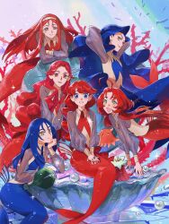  6+girls :3 :d absurdres ahoge arms_behind_head blue_hair blue_neckerchief choroi_amachori clam_shell collared_shirt commentary crossed_arms earrings fish gem grin hairband hand_on_own_chin highres jewelry lara_(sayonara_lara) laura_(sayonara_lara) light_smile lipstick lisa_(sayonara_lara) long_hair long_sleeves luna_(sayonara_lara) makeup merfolk mermaid monster_girl multiple_girls neckerchief own_hands_together pearl rea_(sayonara_lara) red_eyes red_hair red_lips red_neckerchief ring rosa_(sayonara_lara) sayonara_lara see-through_clothes see-through_sleeves shirt siblings sisters sitting smile underwater very_long_hair yellow_eyes 