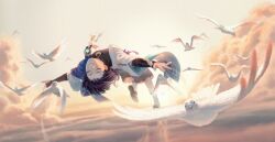  1boy bird clouds dove fairiefoxe full_body genshin_impact hakama hakama_shorts highres japanese_clothes male_focus mandarin_collar midair outstretched_arms purple_hair purple_rope rope scaramouche_(genshin_impact) shoe_soles shorts sky solo wanderer_(genshin_impact) 