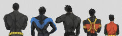  batman batman_(series) belt black_bodysuit black_hair bodysuit brothers bruce_wayne commentary damian_wayne dc_comics dick_grayson english_commentary father_and_child father_and_son gloves grey_bodysuit highres jason_todd male_focus multicolored_bodysuit multiple_boys muscular muscular_male nightwing pants parent_and_child red_hood_(dc) red_robin robin_(dc) short_hair siblings superhero_costume taut_bodysuit taut_clothes two-tone_bodysuit utility_belt vagusel 