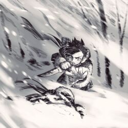  1boy arm_up blurry blurry_background coat commentary_request corpse dagger fur-trimmed_coat fur_trim gloves highres holding holding_dagger holding_knife holding_weapon hood hooded_coat jun_(navigavi) knife long_hair looking_down male_focus open_hand original parted_lips reaching reaching_towards_viewer scar scar_on_face short_hair snowing solo_focus upper_body very_short_hair weapon 