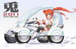  bare_shoulders blue_eyes car detached_sleeves driving fukukitaru motor_vehicle new_year original red_hair redhead science_fiction solo thigh-highs thighhighs twintails vehicle 