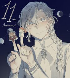  1boy anniversary blue_background braid chaldea_logo chaldea_staff_uniform character_puppet closed_mouth coat colored_eyelashes commentary curtained_hair english_text fate/grand_order fate_(series) finger_puppet gjtthflmaster grey_eyes grey_hair grey_trim hair_behind_ear hair_between_eyes hair_over_shoulder hands_up long_hair long_sleeves looking_at_viewer male_focus marisbury_animusphere moon_phases parted_bangs puppet romani_archaman single_braid smile solo solomon_(fate) upper_body white_coat 