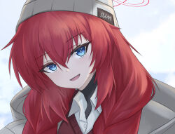  1girl :d beanie blue_archive blue_eyes braid brown_coat brown_hat coat collared_shirt commentary_request eyelashes grey_background hair_between_eyes halo hat head_tilt hood hooded_coat long_hair looking_at_viewer maki_(blue_archive) maki_(camp)_(blue_archive) official_alternate_costume open_mouth portrait red_hair red_halo red_sweater shirt smile solo sweater twin_braids white_background white_shirt wing_collar wrightia 
