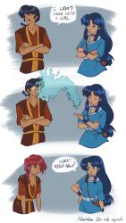  1boy 2girls avatar:_the_last_airbender avatar_legends bag black_hair blue_choker blue_dress blue_hair braid brown_bag brown_vest choker crossed_arms dress english_text genderswap genderswap_(mtf) hand_on_own_hip highres hydrokinesis long_hair multiple_girls naimea-fanart pink_hair ranma_1/2 saotome_ranma saotome_ranma_(female) saotome_ranma_(male) single_braid speech_bubble splashing tendou_akane vest water wide-eyed 