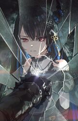  1girl absurdres advarcher asymmetrical_horns bare_shoulders black_gloves black_hair black_horns blue_hair broken_glass closed_mouth colored_inner_hair commentary demon_horns english_commentary glass gloves hair_ornament highres hololive hololive_english horns long_hair long_sleeves mirror mole mole_under_eye multicolored_hair nerissa_ravencroft red_eyes reflection reflection_focus shirt solo two-tone_hair uneven_horns virtual_youtuber white_shirt 
