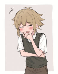  +++ 1boy antenna_hair basil_(faraway)_(omori) basil_(omori) blush brown_shorts closed_eyes collared_shirt commentary double-parted_bangs green_sweater_vest hair_between_eyes highres laughing male_focus omori open_mouth segue5o shirt short_hair short_sleeves shorts sidelocks smile solo sweater_vest teeth tongue untranslatable_commentary upper_teeth_only white_shirt 