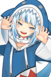 1girl animal_hood blue_eyes blue_hoodie blue_nails blue_streaks blush child commentary_request eceleb fins fish_tail gawr_gura highres hololive hololive_english hood hood_up hoodie looking_at_another looking_at_viewer multicolored_hair natsuzo380 shark_girl shark_hood shark_tail sharp_teeth streaked_hair tail teeth two-tone_hair underage upper_teeth_only virtual_youtuber white_background white_hair