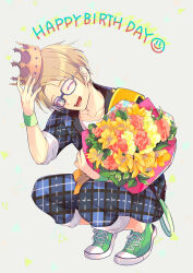  1boy adjusting_clothes adjusting_headwear blonde_hair blue-framed_eyewear bouquet commentary_request crown ensemble_stars! fingernails flower full_body gin_(oyoyo) glasses green_eyes happy_birthday highres holding holding_bouquet looking_at_viewer male_focus one_eye_closed open_mouth pants pants_rolled_up plaid_clothes plaid_pants shoelaces shoes short_hair smile sneakers solo squatting teeth wristband yuuki_makoto_(ensemble_stars!) 