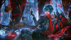  1boy arknights arknights:_endfield asymmetrical_gloves belt blue_eyes blue_hair camille_(arknights) commentary crossed_legs cup curtains earrings glass gloves halo heterochromia holding holding_cup jewelry long_sleeves male_focus music_box picture_frame pointy_ears red_eyes red_halo ring single_earring sitting solo syancyy table vampire watermark window wings 