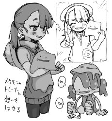  1girl 1other :d blush closed_eyes ditto dovepopon drawing_(action) female_protagonist_(pokemon_pokopia) happy hat highres light_blush looking_at_viewer monochrome monster_girl picture_frame pokemon pokemon_(creature) pokemon_pokopia simple_background slime_(substance) slime_girl smile solid_circle_eyes teeth transformed_ditto v 
