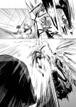  battle book comic eila_ilmatar_juutilainen jacket jumping long_hair monochrome monster no_pants no_socks ponytail sakamoto_mio school_uniform shinai single_glove strike_witches sword translated translation_request weapon 