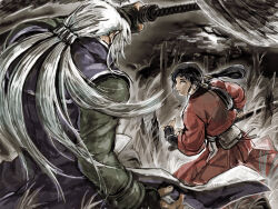  1boy 1girl artist_name bag bakumatsu_rouman bakumatsu_rouman_dainimaku battle battoujutsu_stance bird black_hair blank_stare commentary_request dark-skinned_male dark_skin empty_eyes fighting_game fighting_stance fingerless_gloves forest from_behind gloves grey_hair hakama hakama_skirt highres holding holding_sword holding_weapon japanese_clothes katana kimono left-handed long_hair looking_at_another lying moon nature night okm181 on_back owl ponytail ready_to_draw red_hakama revenge serious setsuna_(bakumatsu_rouman) sheath sheathed sidelocks skirt snk split_ponytail standing sword takane_hibiki twintails unsheathing upper_body weapon wheat_field white_hair 