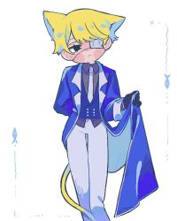  1boy 70g_(xx_kb) :< arm_behind_back black_eyes blue_coat blush_stickers cat_boy coat coat_lift collared_shirt commentary_request dress_shirt esse_series eyepatch feet_out_of_frame fish grey_shirt griffin_stewart lapels necktie oshi_no_taisetsuna_hito_ni_narikawaru pants shirt simple_background solo standing untucked_shirt white_background white_necktie white_pants 