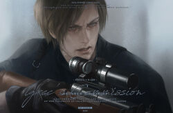  1boy beard_stubble black_gloves black_shirt blue_eyes brown_hair chinese_commentary commentary_request commission curtained_hair facial_hair gloves gun gun_sling highres holding holding_gun holding_weapon laigenxianchangchang leon_s._kennedy lips male_focus mixed-language_commentary nose parted_lips portrait resident_evil resident_evil_requiem rifle scope shirt short_hair solo stubble watermark weapon 