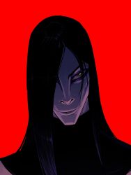  1boy black_hair highres kuroxcho long_hair looking_at_viewer makeup male_focus naruto_(classic) naruto_(series) orochimaru_(naruto) pale_skin parted_lips portrait red_background sanpaku slit_pupils smile solo tsurime 