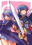  1boy 1girl back-to-back blue_eyes blue_hair dual_persona fire_emblem fire_emblem:_mystery_of_the_emblem fire_emblem:_shin_ankoku_ryuu_to_hikari_no_tsurugi fire_emblem_mystery_of_the_emblem fire_emblem_shadow_dragon genderswap genderswap_(mtf) highres intelligent_systems marth marth_(fire_emblem) nintendo noshiro_masaru pauldron pauldrons short_hair smile sword tiara weapon yajiro_masaru 