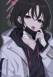  1girl bandage_on_neck black_background black_hair black_hoodie black_mask blue_archive collarbone commentary_request ear_piercing flat_chest halo highres hood hoodie jacket looking_at_viewer mask mask_pull misaki_(blue_archive) mouth_mask piercing red_eyes red_halo short_hair simple_background solo tongue tongue_out tongue_piercing upper_body user_vkxr3487 white_jacket 