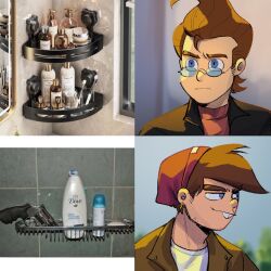  2boys aged_up blue_eyes brown_hair buck_teeth earrings hair_conditioner hat izzy_(izbubbles) jewelry jimmy_neutron jimmy_neutron_(series) looking_at_viewer male_focus multiple_boys shampoo shirt short_hair simple_background smile teeth the_fairly_oddparents timmy_turner 