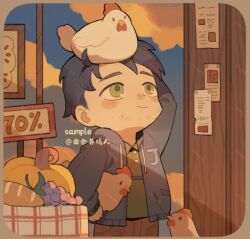  1boy animal animal_on_head artist_request bird bird_on_head black_hair chibi chibi_only chicken cowboy_shot green_eyes holding holding_animal holding_bird looking_up male_focus market on_head outdoors shane_(stardew_valley) smile solo stardew_valley 