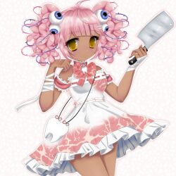 1girl 2000s_(style) bag bandaged_arm bandaged_leg bandages bone_hair_ornament butcher cleaver collar crossed_bandaids dark-skinned_female dark_skin eyeball_hair_ornament faux_retro_artstyle food frilled_wrist_cuffs frills gurokawa hair_ornament highres holding holding_cleaver meat meat_print meaty-chan pink_collar pink_hair pink_wrist_cuffs red_wrist_cuffs solo tooth twintails utau white_bag wrist_cuffs yasude_grim yellow_eyes 