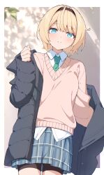  1girl absurdres alternate_costume aqua_eyes bike_shorts bike_shorts_under_skirt black_hairband black_jacket black_shorts blonde_hair blue_sky bob_cut bright_pupils brown_sweater closed_mouth collared_shirt commentary_request cowboy_shot day green_necktie hair_flaps hairband highres hololive jacket jacket_partially_removed kazama_iroha looking_at_viewer mawata0618 miniskirt necktie plaid_clothes plaid_skirt pleated_skirt school school_uniform shirt short_hair shorts skirt sky smile solo sweater v-neck virtual_youtuber white_pupils white_shirt 