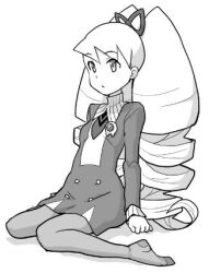  1girl bad_id bow dress drill_hair greyscale hair_bow heriyama long_hair lowres luna_platz_(mega_man) mega_man_(series) mega_man_star_force_(series) monochrome pantyhose sitting twin_drills very_long_hair 