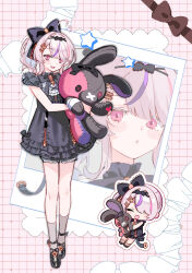  1girl :d :o absurdres ahoge black_bow black_bowtie black_dress black_shoes bloomers blunt_bangs bow bowtie center_frills chibi chibi_inset commentary different_zoom_layer dress english_commentary frilled_dress frills full_body grey_socks grid_background hair_bow hair_ornament heart heart_ahoge highres holding holding_stuffed_toy light_blush lllll_(llllla3434) looking_at_viewer maria_marionette medium_hair multicolored_hair nijisanji nijisanji_en no_eyepatch open_mouth parted_lips pink_eyes pink_hair polaroid_photo purple_streaks shoes short_dress short_sleeves side_ponytail sir_ventrilo_(maria_marionette) smile socks streaked_hair stuffed_animal stuffed_toy swept_bangs teddy_bear virtual_youtuber zoom_layer 