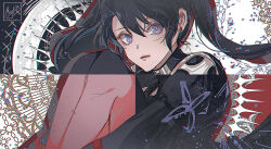  1girl abstract_background artist_name black_background black_dress black_hair black_jacket black_order_uniform black_thighhighs collared_jacket cross cross_print d.gray-man dress earrings feet_out_of_frame floral_background floral_print front_zipper hair_between_eyes high_collar hugging_own_legs jacket jewelry juliet_sleeves lenalee_lee lipgloss lips long_dress long_hair long_sleeves looking_at_viewer miyukiko multiple_persona parted_bangs pink_lips pink_thighhighs puffy_sleeves red_background sidelocks signature sitting solo striped_background striped_clothes striped_jacket stud_earrings thigh-highs twintails twitter_username two-tone_background vertical-striped_clothes vertical-striped_jacket violet_eyes white_background zipper 