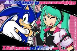  1boy 1girl aqua_eyes aqua_hair aqua_nails black_gloves black_shirt blnkn01z colored_eyebrows crossover gloves green_eyes hatsune_miku hedgehog_boy jacket one_eye_closed shirt smile sonic_(series) sonic_the_hedgehog twintails v vocaloid white_gloves white_jacket 