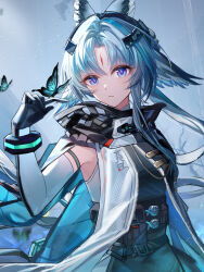  1girl absurdres animal_ears arcane_(arknights) arknights arknights:_endfield bird_ears black_gloves blue_butterfly blue_eyes blue_hair bug butterfly butterfly_on_hand chinese_commentary commentary_request dress elbow_gloves gloves grey_hair hakuto_kinkinko hand_up highres infection_monitor_(arknights) jewelry long_hair looking_at_viewer parted_bangs solo upper_body violet_eyes 
