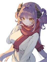  1girl arm_at_side black_horns breasts closed_mouth commentary dragon_girl from_above hand_up highres horns indoors large_breasts long_hair long_sleeves looking_at_viewer looking_up orange_eyes purple_hair red_scarf sakihane_huya scarf shirt simple_background small_sweatdrop solo standing stellive twintails upper_body very_long_hair virtual_youtuber white_background white_shirt winter_clothes wo0ngw0ong 