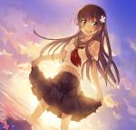  blush bunbun dutch_angle flower glowing green_eyes hair_flower hair_ornament long_hair midriff navel ocean open_mouth saten_ruiko skirt skirt_lift solo sunset to_aru_kagaku_no_railgun to_aru_majutsu_no_index wading water 